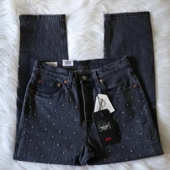 NWT Levis Jeans 501 Crop Crystal Jeans Size 27 Rhinestone High Rise Straight Leg